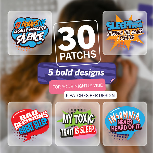 5 sleep patch designs with pop art/ comic stlyle sleep quotes 